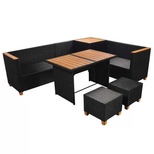  7-részes fekete polyrattan kerti bútorszett párnákkal