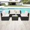  5-részes fekete polyrattan kerti bútorszett párnákkal
