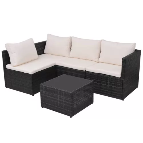  5-részes fekete polyrattan kerti bútorszett párnákkal