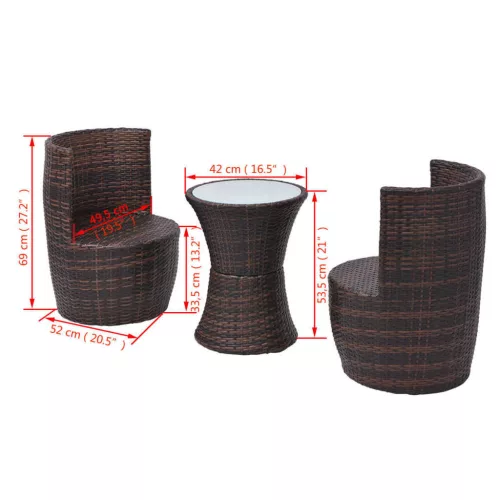  3 darabos barna polyrattan bisztrószett párnákkal
