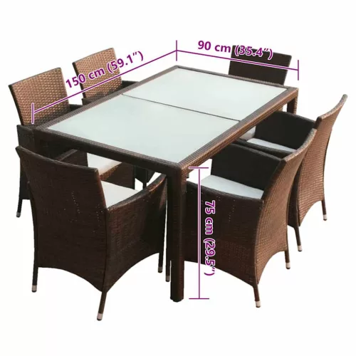  7-részes barna kültéri polyrattan étkezőszett párnákkal