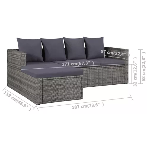  4-részes szürke polyrattan kerti bútorszett párnákkal
