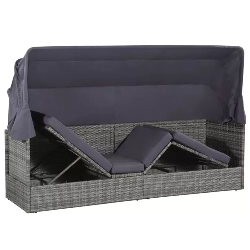  szürke polyrattan napellenzős kerti ágy 205 x 62 cm