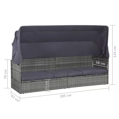  szürke polyrattan napellenzős kerti ágy 205 x 62 cm