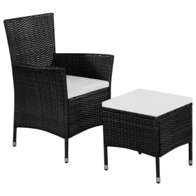    fekete polyrattan kültéri szék zsámollyal és párnákkal