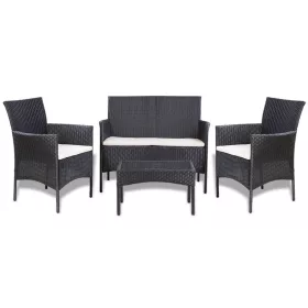  4-részes fekete polyrattan kerti bútorszett párnákkal