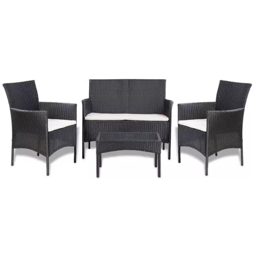  4-részes fekete polyrattan kerti bútorszett párnákkal