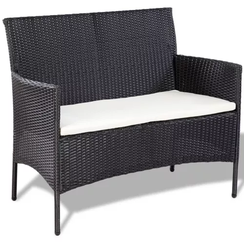  4-részes fekete polyrattan kerti bútorszett párnákkal