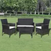  4-részes fekete polyrattan kerti bútorszett párnákkal