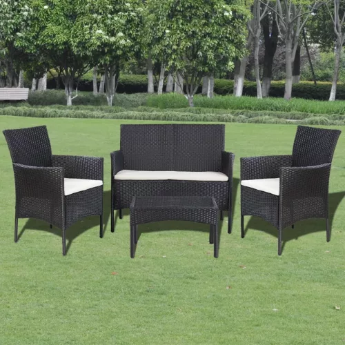  4-részes fekete polyrattan kerti bútorszett párnákkal