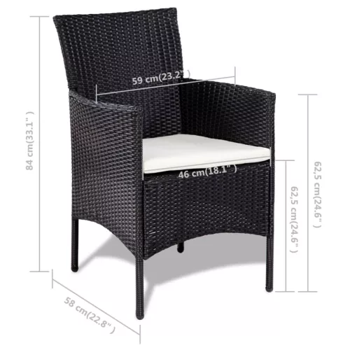  4-részes fekete polyrattan kerti bútorszett párnákkal