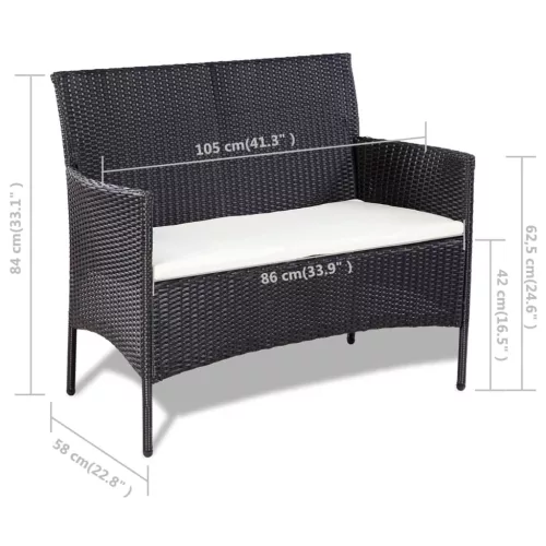  4-részes fekete polyrattan kerti bútorszett párnákkal