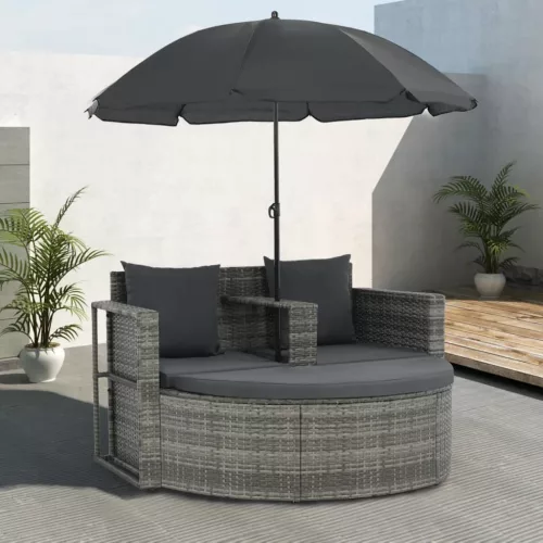 szürke 2 személyes polyrattan kerti kanapé párnákkal/ernyővel