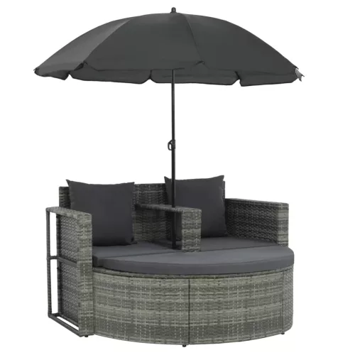  szürke 2 személyes polyrattan kerti kanapé párnákkal/ernyővel