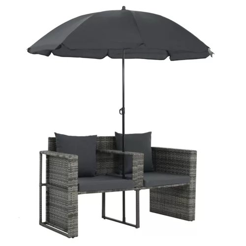  szürke 2 személyes polyrattan kerti kanapé párnákkal/ernyővel