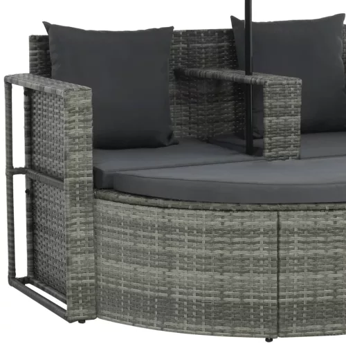  szürke 2 személyes polyrattan kerti kanapé párnákkal/ernyővel
