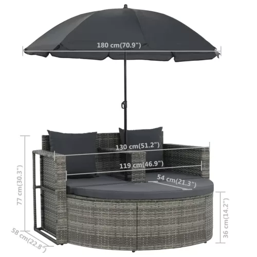  szürke 2 személyes polyrattan kerti kanapé párnákkal/ernyővel
