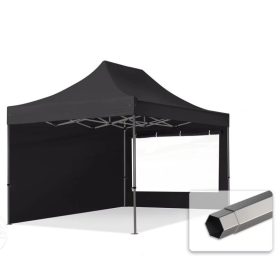   TP 3x4,5m összecsukható 750N acél vázas pavilon, 2 db oldalfallal - fekete