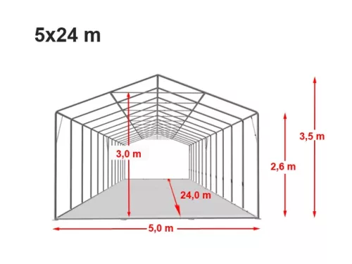 TP Professional 5x24m 2,6m oldalmagas raktársátor nehezen éghető PVC 1400 ponyvával, fehér