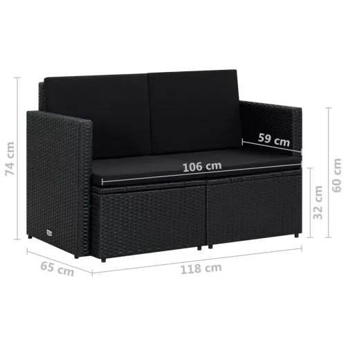  fekete kétszemélyes polyrattan kerti kanapé párnákkal