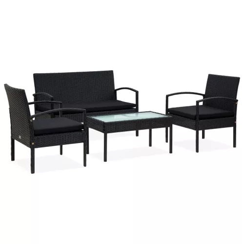  4 részes fekete polyrattan kerti ülőgarnitúra párnákkal