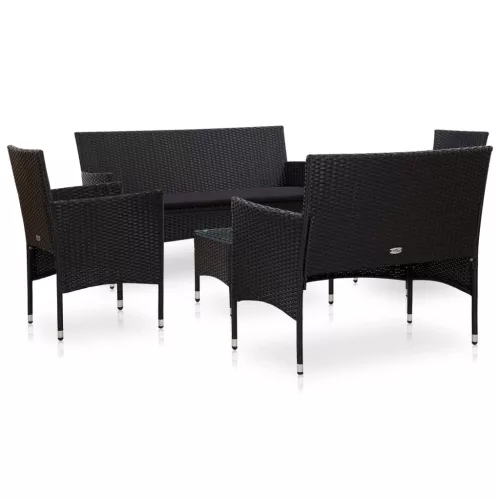  5 részes fekete polyrattan kerti bútorszett párnákkal