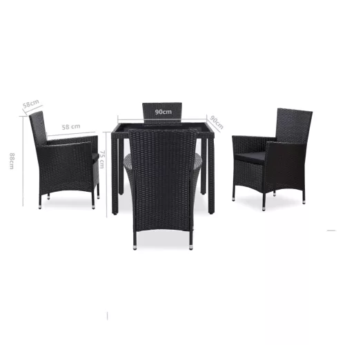  5-részes fekete kültéri polyrattan étkezőgarnitúra