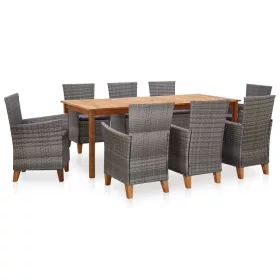    9 részes szürke polyrattan és tömör akácfa étkezőgarnitúra