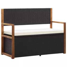  fekete polyrattan és tömör akácfa tárolópad 115 cm