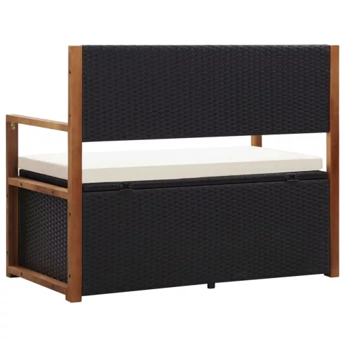  fekete polyrattan és tömör akácfa tárolópad 115 cm