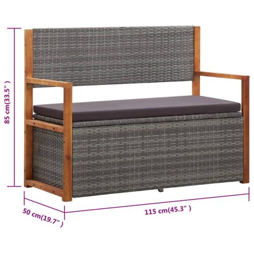  szürke polyrattan és tömör akácfa tárolópad 115 cm