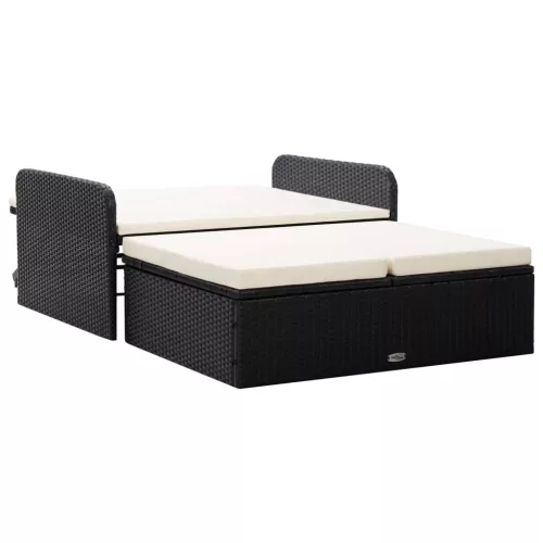  2 részes fekete polyrattan kerti bútorszett párnákkal