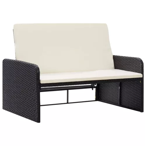  2 részes fekete polyrattan kerti bútorszett párnákkal