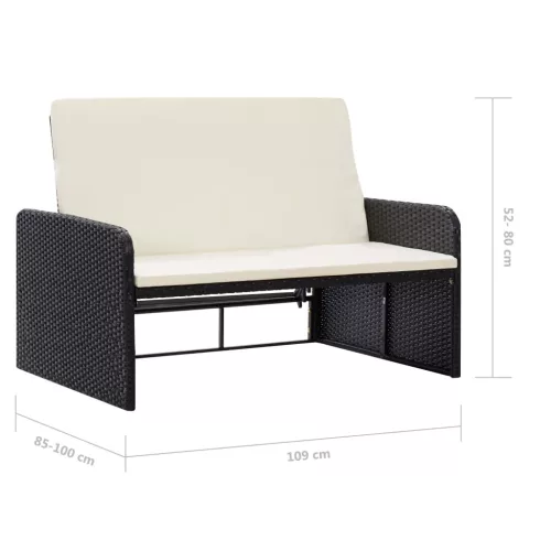  2 részes fekete polyrattan kerti bútorszett párnákkal