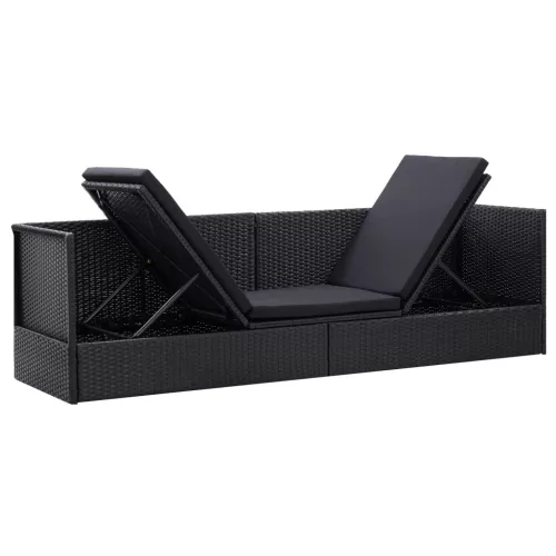  fekete polyrattan kerti ágy ülő- és hátpárnával
