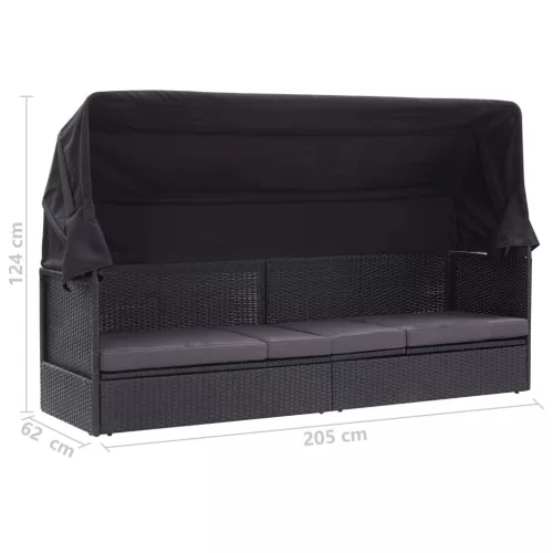  fekete polyrattan kültéri kanapé napellenzővel