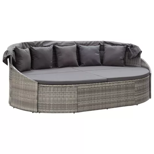  szürke polyrattan kültéri napozóágy napellenzővel