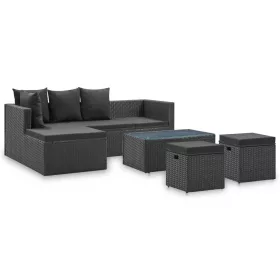  4 részes fekete polyrattan kerti bútorszett párnákkal
