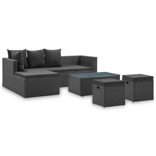  4 részes fekete polyrattan kerti bútorszett párnákkal