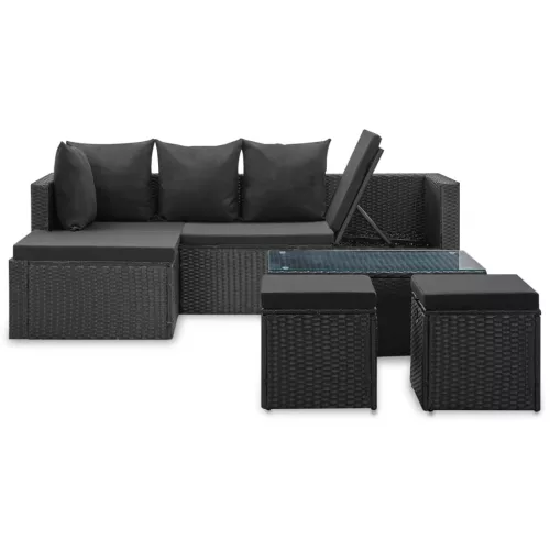  4 részes fekete polyrattan kerti bútorszett párnákkal