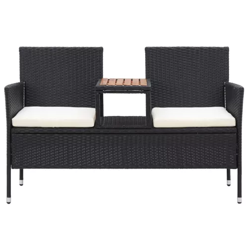  2 személyes fekete polyrattan kerti pad teázóasztallal 143 cm