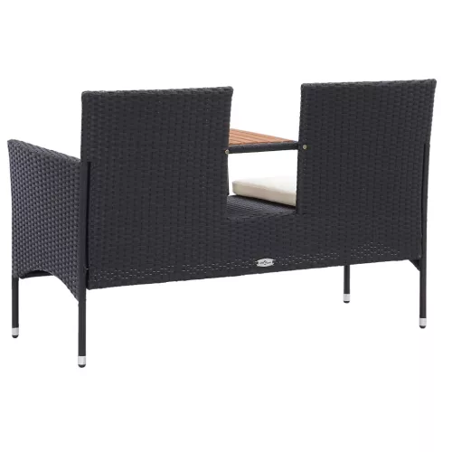  2 személyes fekete polyrattan kerti pad teázóasztallal 143 cm