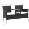  2 személyes fekete polyrattan kerti pad teázóasztallal 143 cm