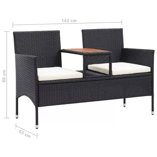  2 személyes fekete polyrattan kerti pad teázóasztallal 143 cm