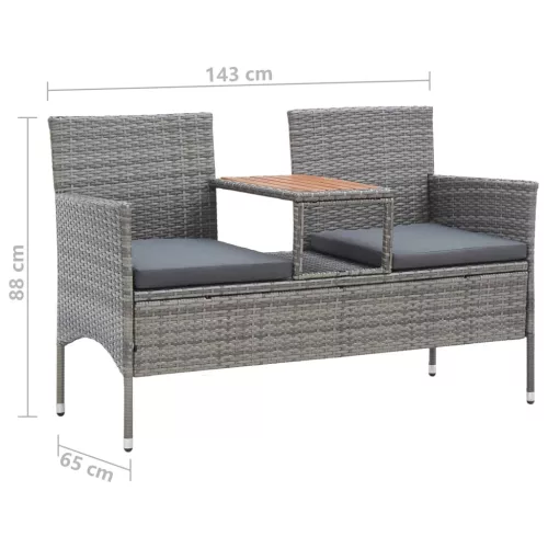  kétszemélyes szürke polyrattan kerti pad teázóasztallal 143 cm
