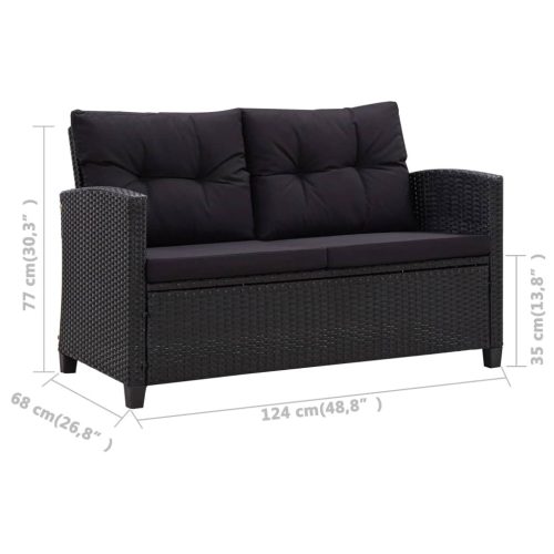  fekete polyrattan kétszemélyes kerti kanapé párnákkal 124 cm