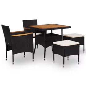    5 részes fekete kültéri polyrattan és akácfa étkezőszett