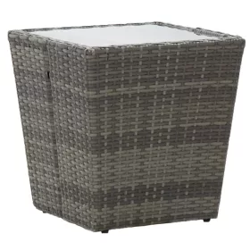    szürke polyrattan és edzett üveg teázóasztal 41,5x41,5x43 cm