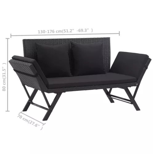  fekete polyrattan kerti pad párnákkal 176 cm