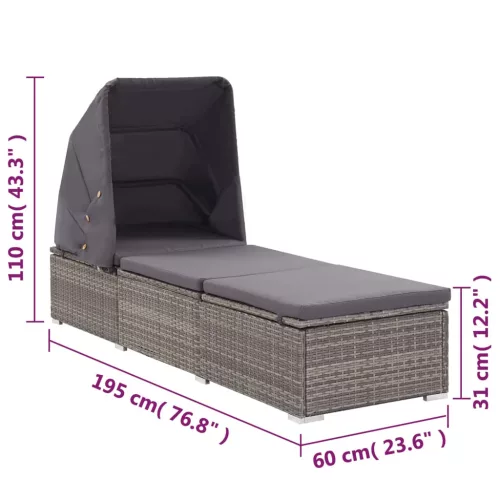  szürke polyrattan napozóágy ponyvával és párnával